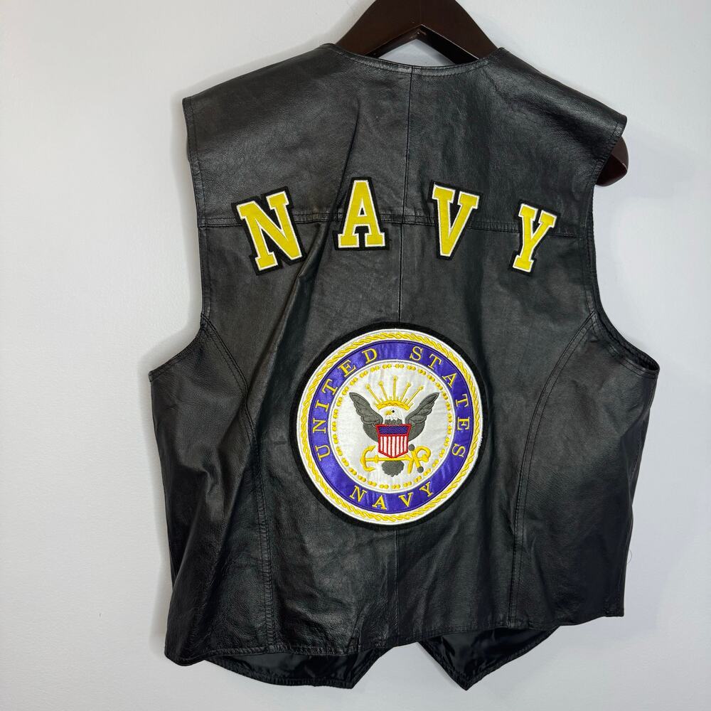 USA Leather Vest United States Navy Big Patch Emblem Black L
